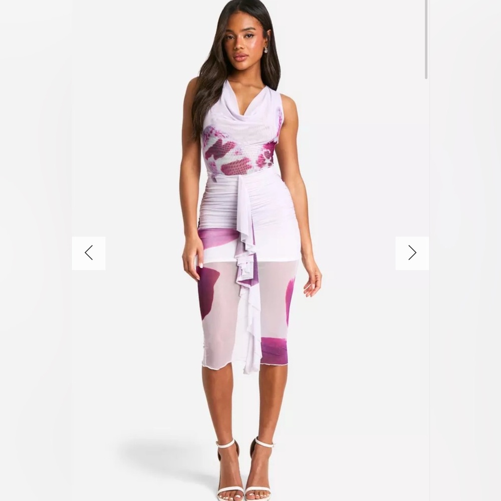 NWT BOOHOO FLORAL FRILL COWL MIDI DRESS